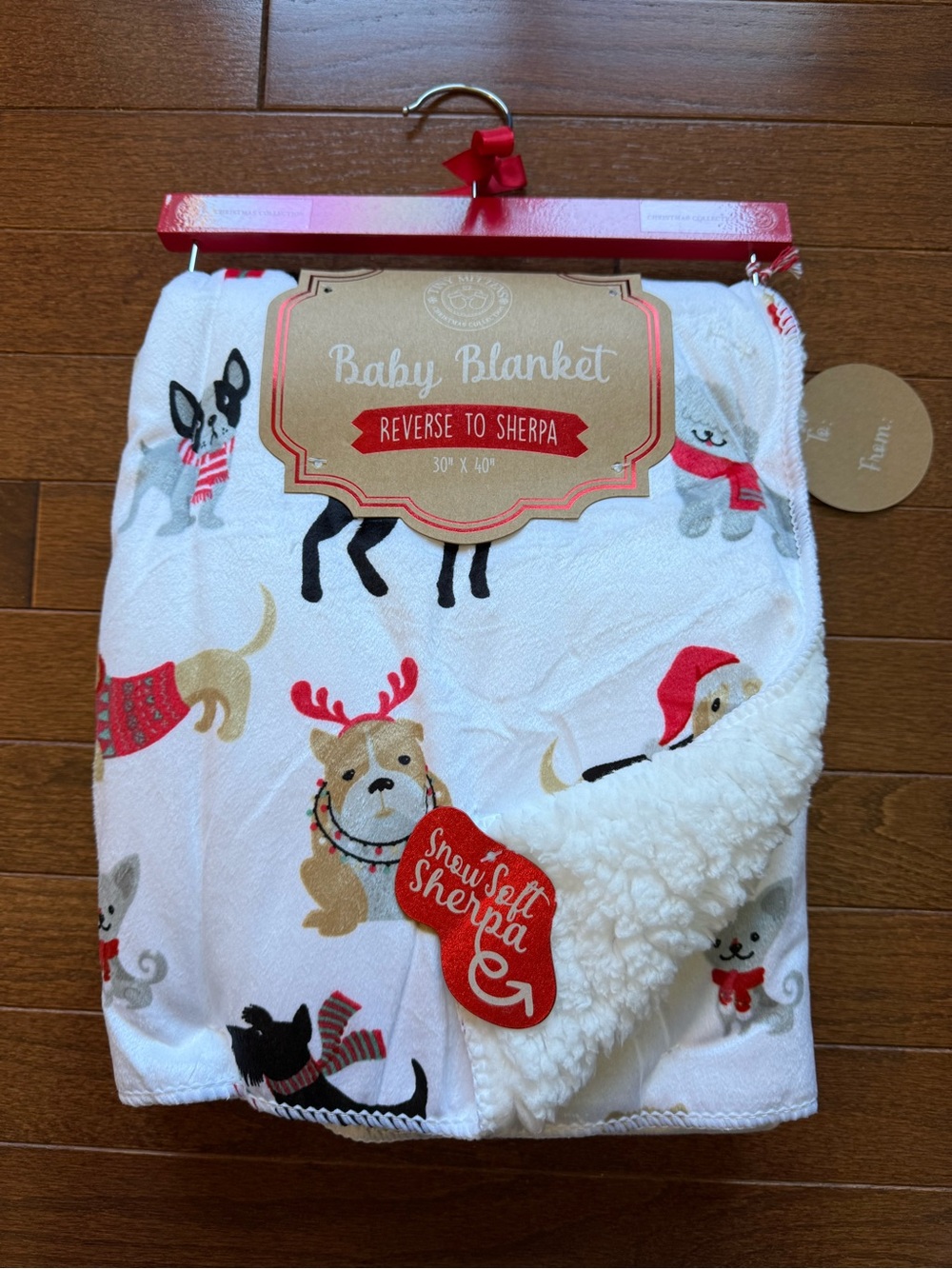 Reindeer & Puppy Sherpa Baby Blanket - White with Red Accents